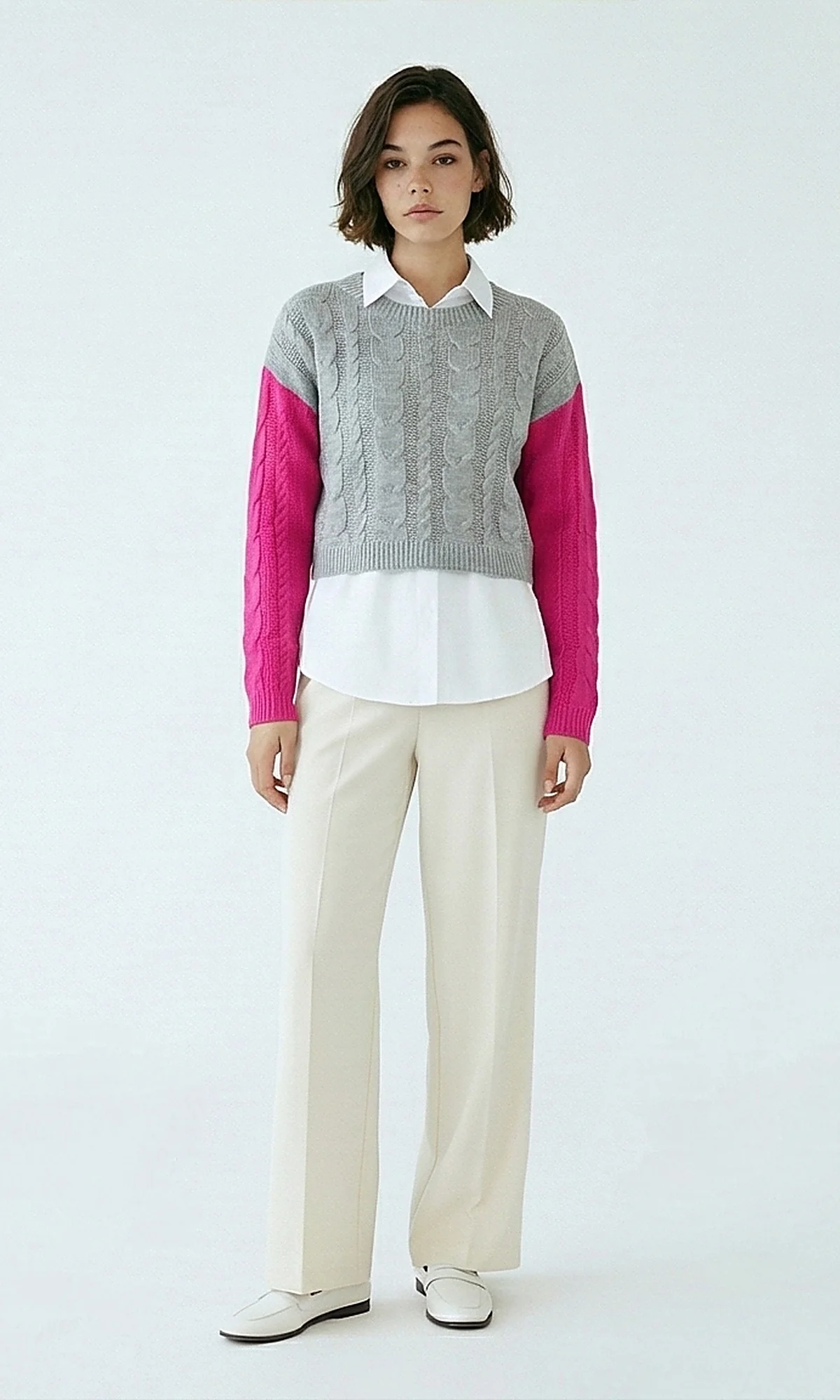 Grey and Pink Colorblock Cable Knit Cropped Pullover - O201327 - Image 3