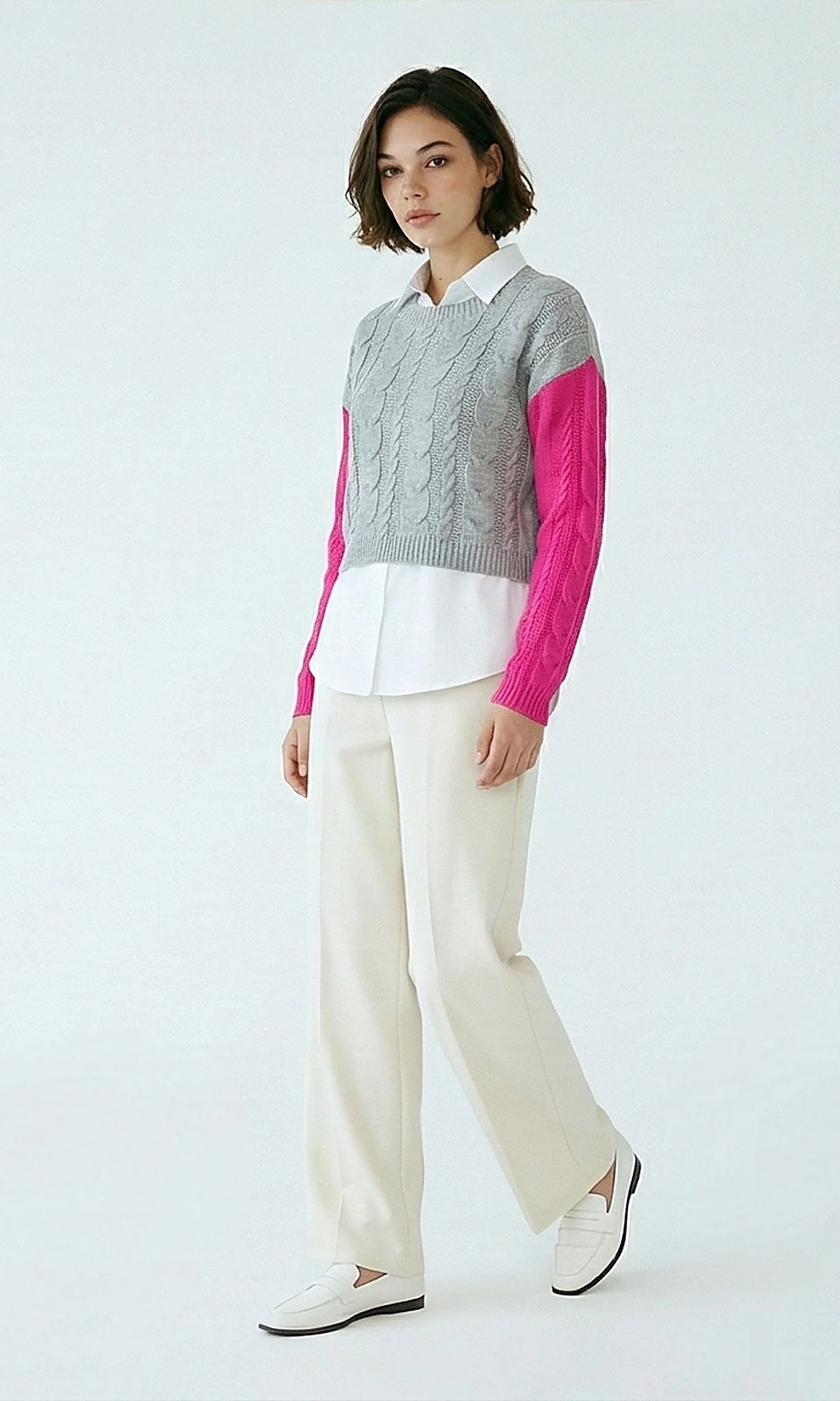 Grey and Pink Colorblock Cable Knit Cropped Pullover - O201327 - Image 4