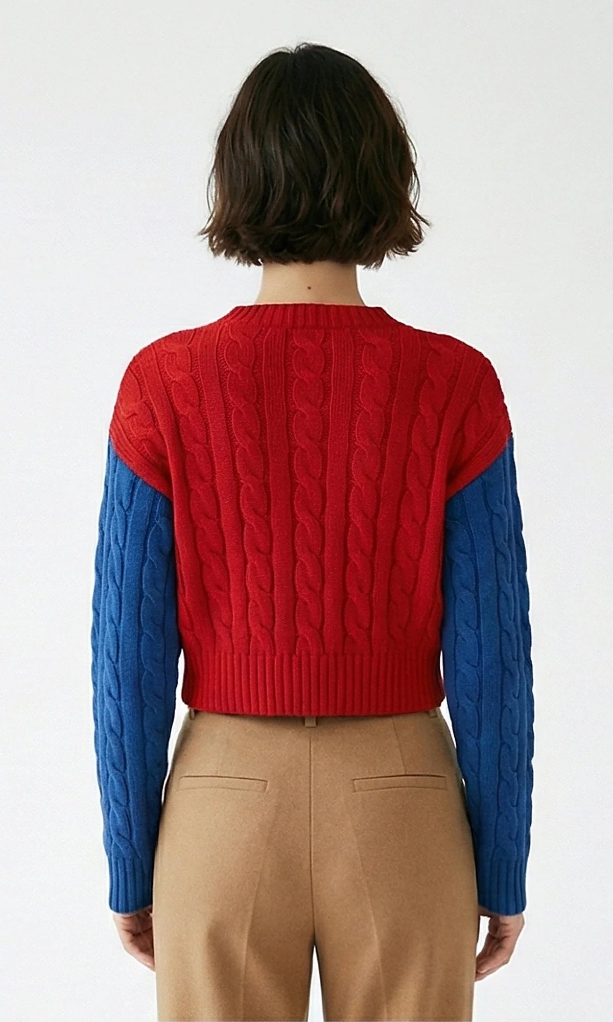 Red and Blue Color-Block Cable-Knit Cropped Pullover - O201328 - Image 2