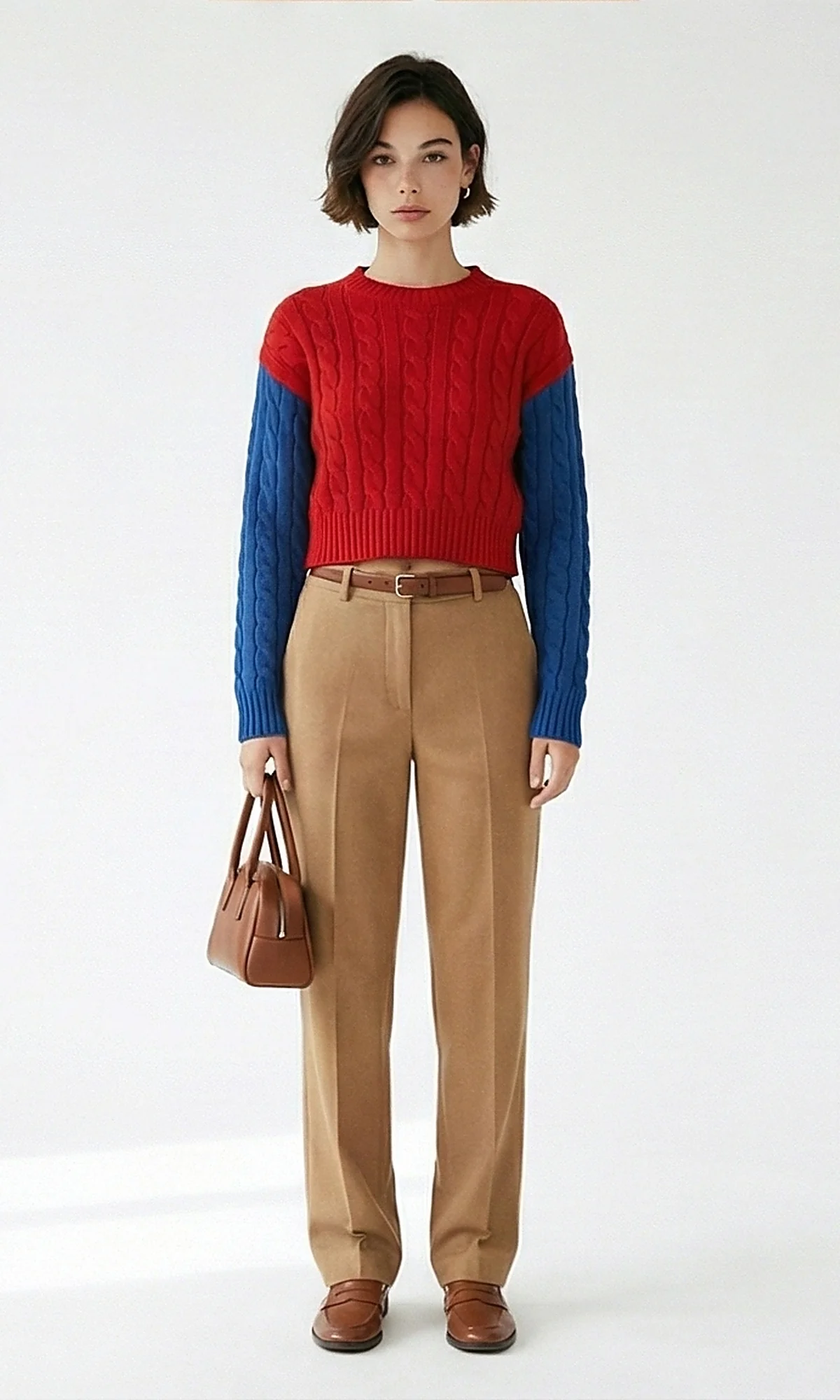 Red and Blue Color-Block Cable-Knit Cropped Pullover - O201328 - Image 3