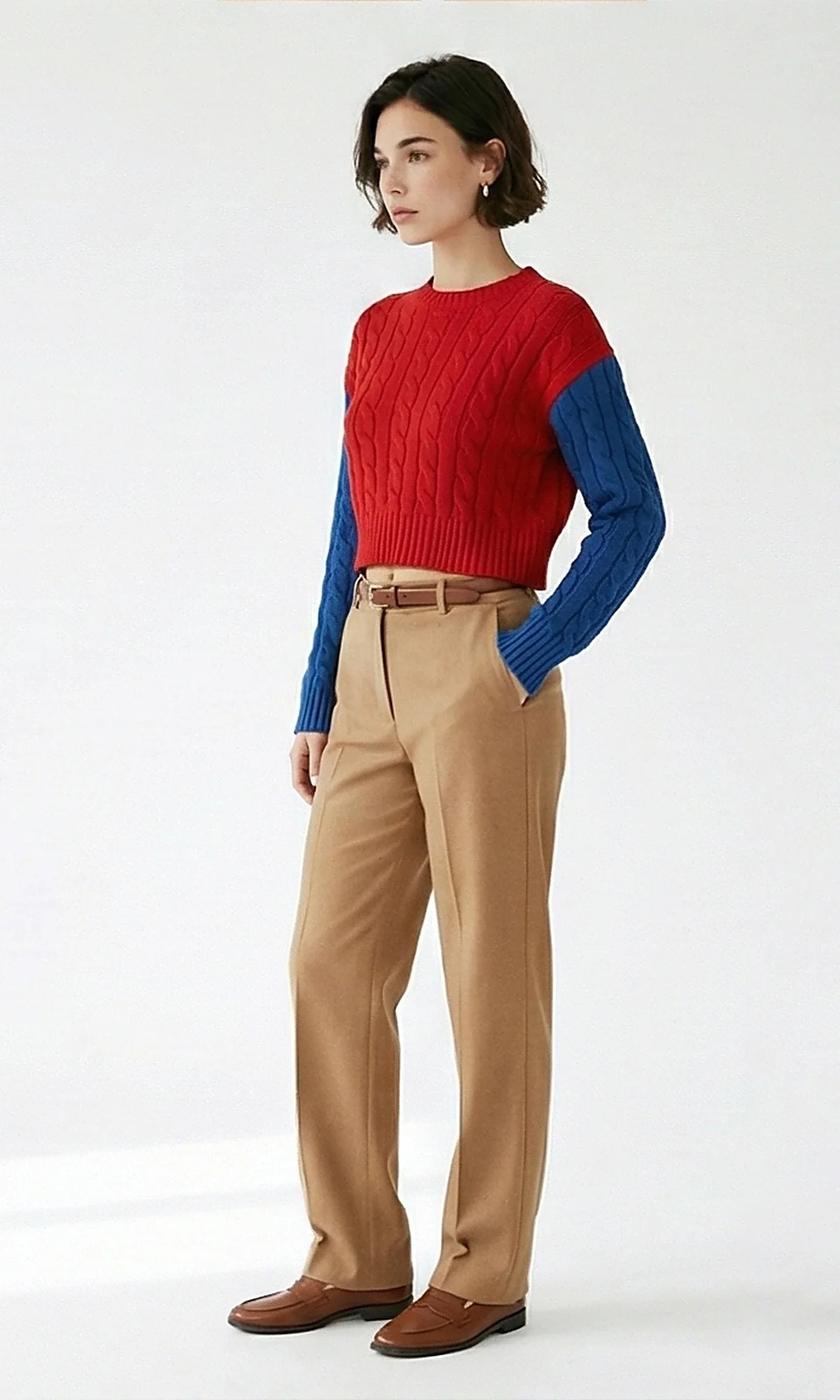 Red and Blue Color-Block Cable-Knit Cropped Pullover - O201328 - Image 4