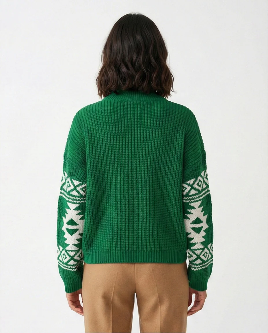 Emerald Green Ribbed Knit Mock Neck Pullover with Geometric Sleeves - O201332 - Image 2