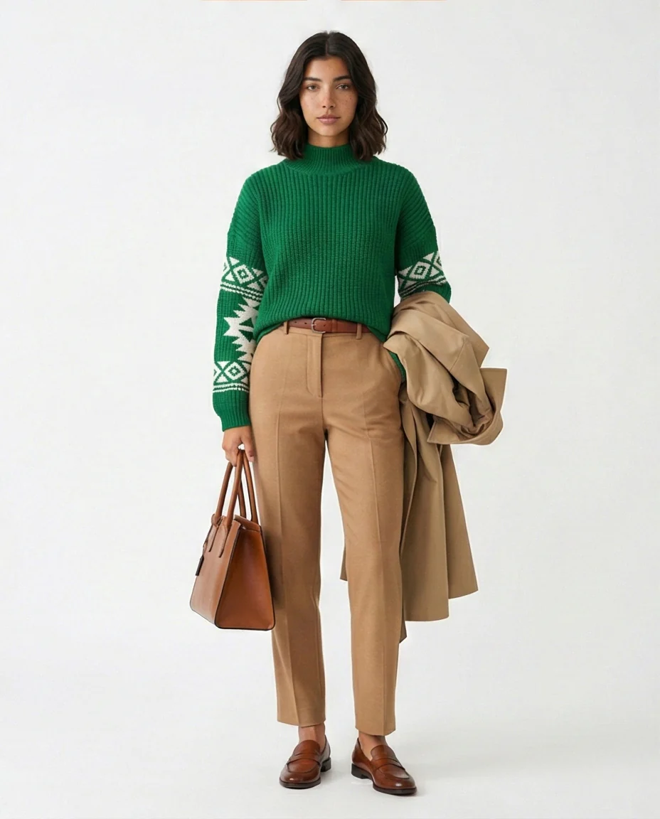 Emerald Green Ribbed Knit Mock Neck Pullover with Geometric Sleeves - O201332 - Image 3