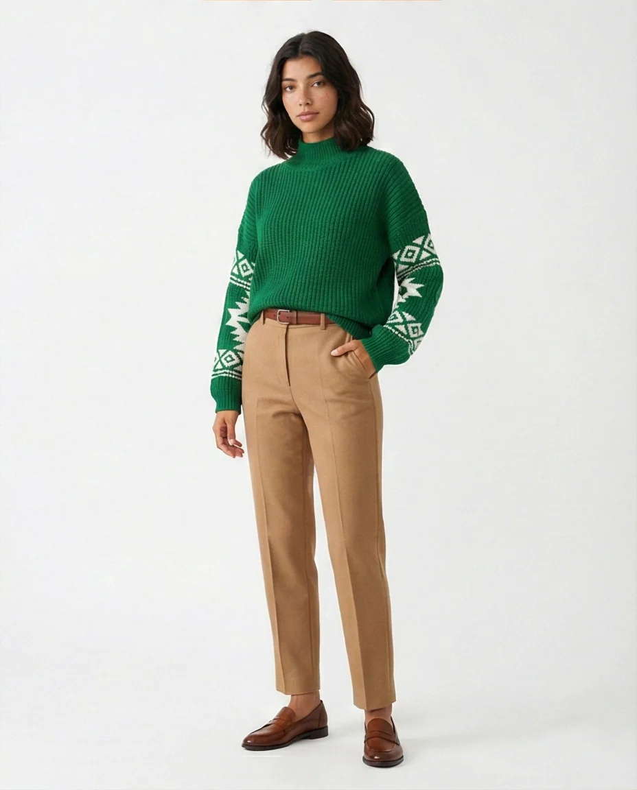 Emerald Green Ribbed Knit Mock Neck Pullover with Geometric Sleeves - O201332 - Image 4