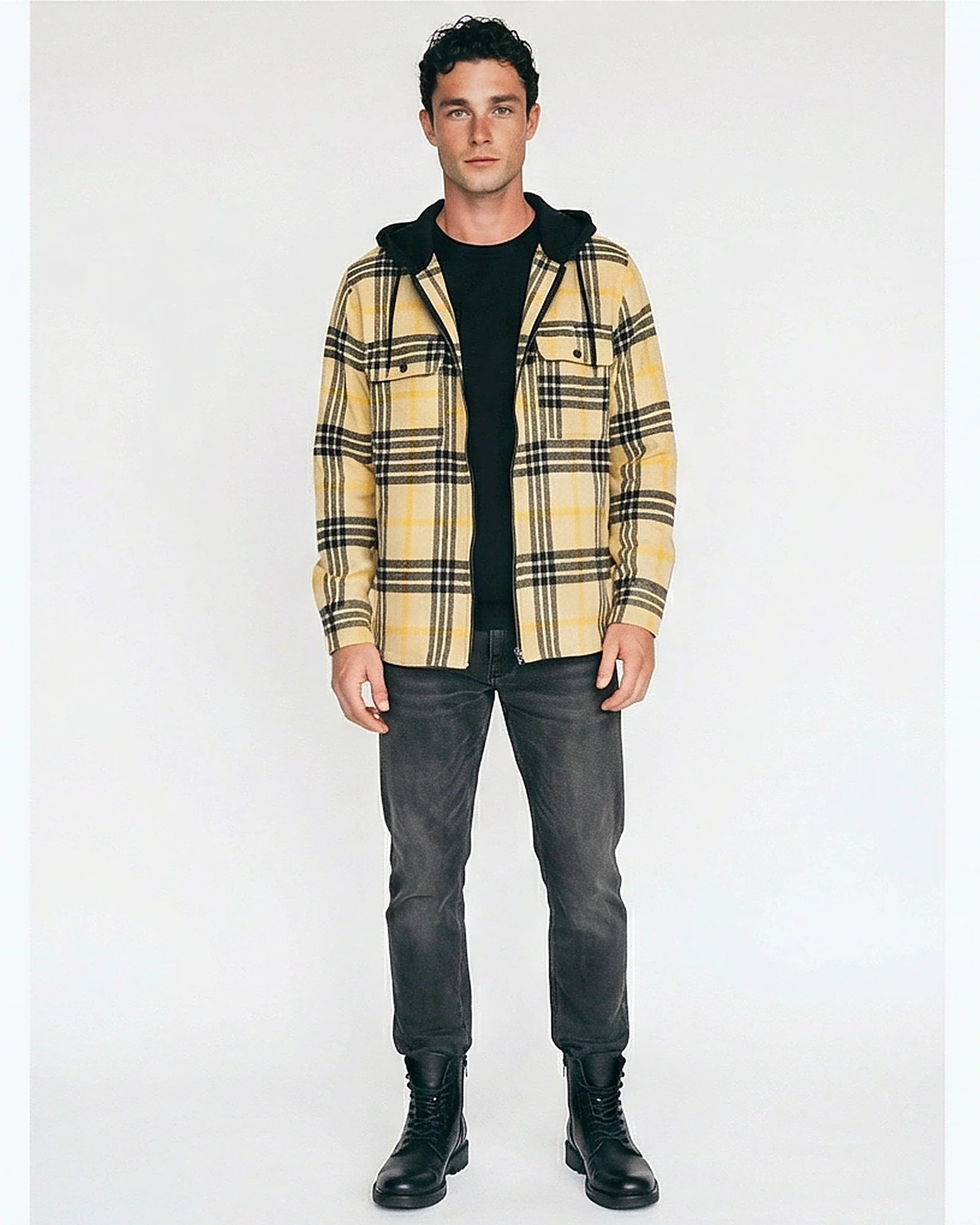 Yellow Plaid Hooded Zip-Up Shirt - O202223 - Image 3