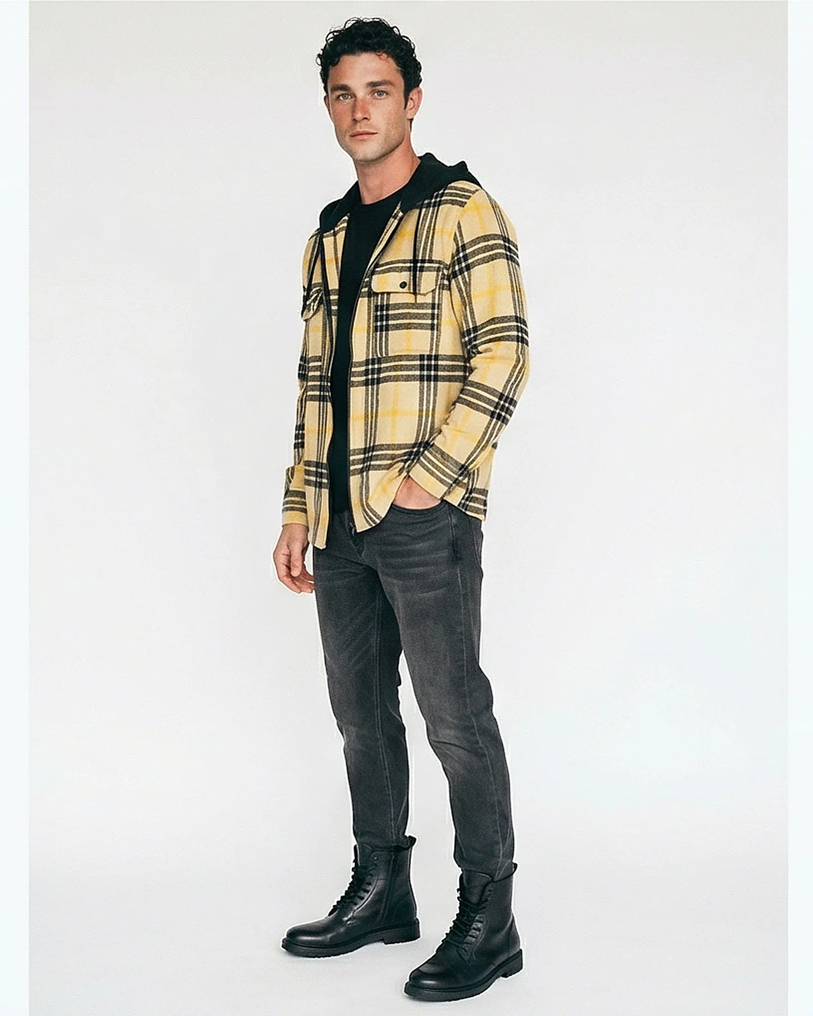 Yellow Plaid Hooded Zip-Up Shirt - O202223 - Image 4