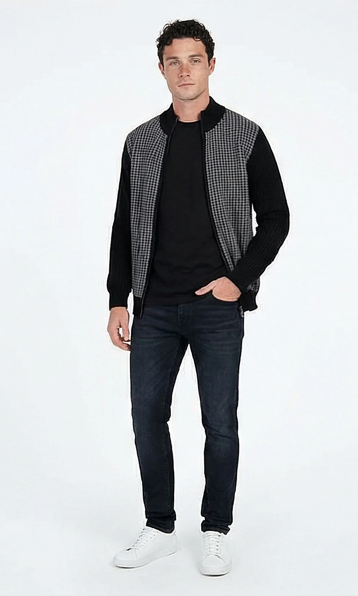 Black and Grey Textured Zip-Front Knit Cardigan - O202514 - Image 4