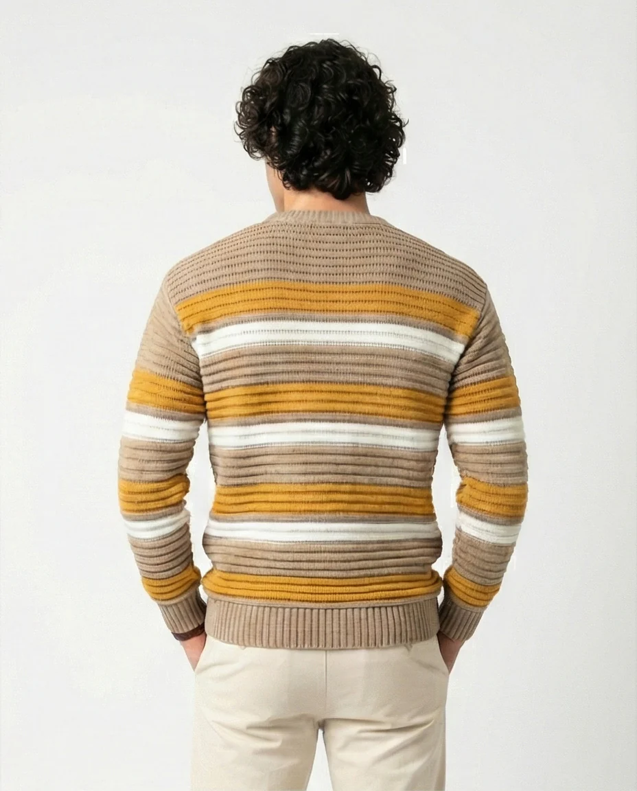 Men's Earth-Toned Striped Ribbed Knit Pullover - O202638 - Image 2