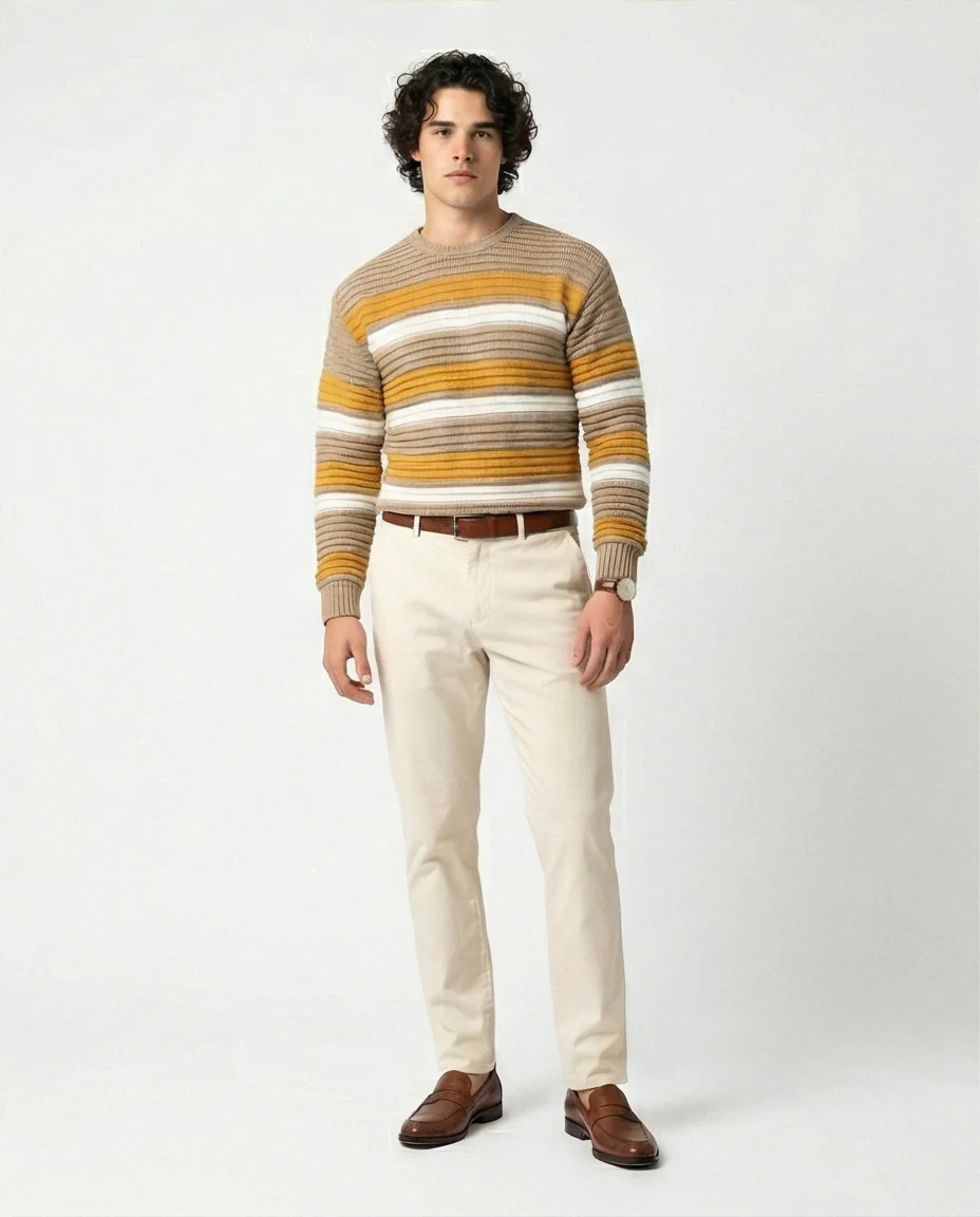 Men's Earth-Toned Striped Ribbed Knit Pullover - O202638 - Image 3