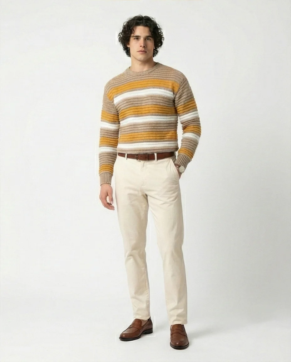 Men's Earth-Toned Striped Ribbed Knit Pullover - O202638 - Image 4