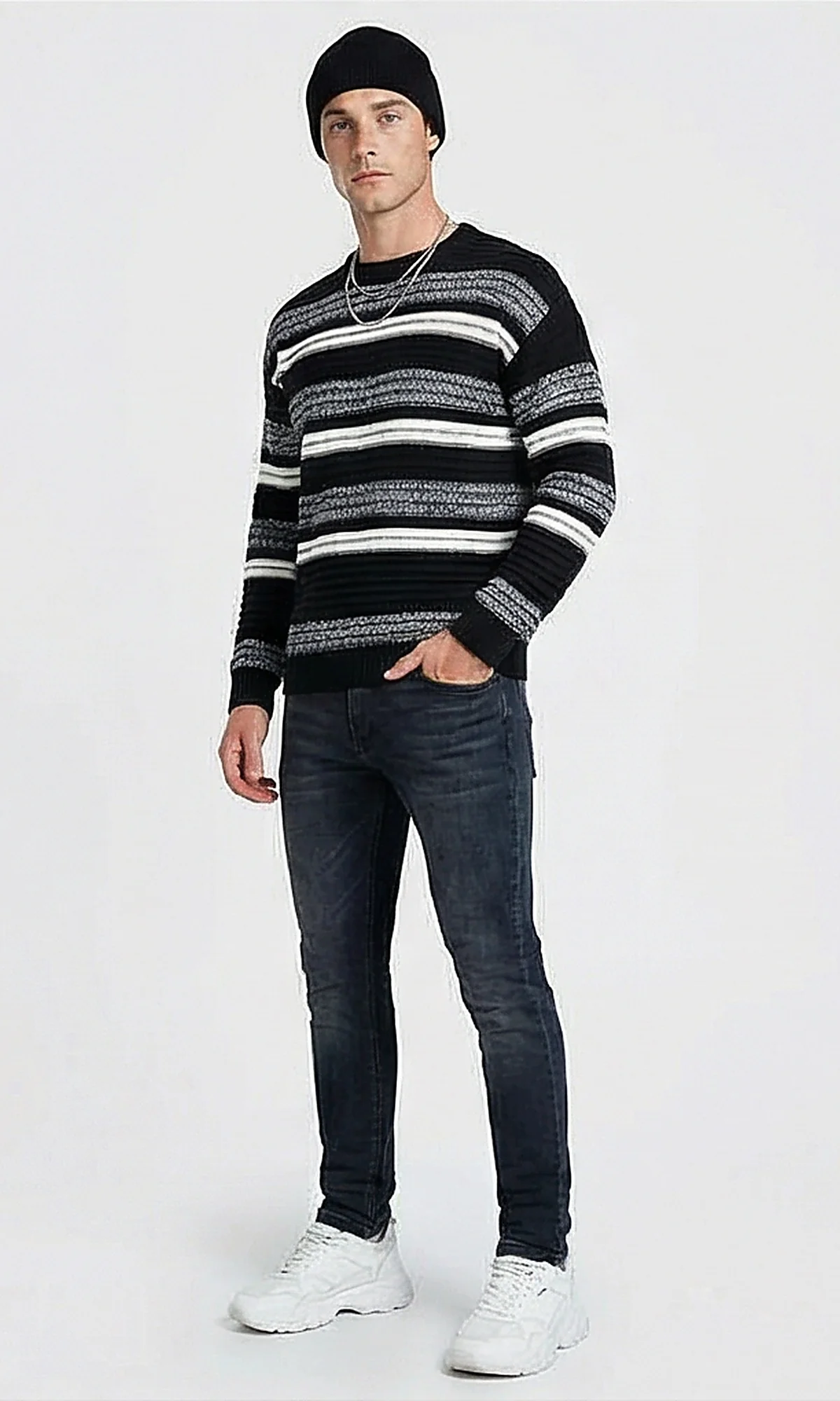 Textured Multi-Stripe Crew Neck Pullover - O202639 - Image 4