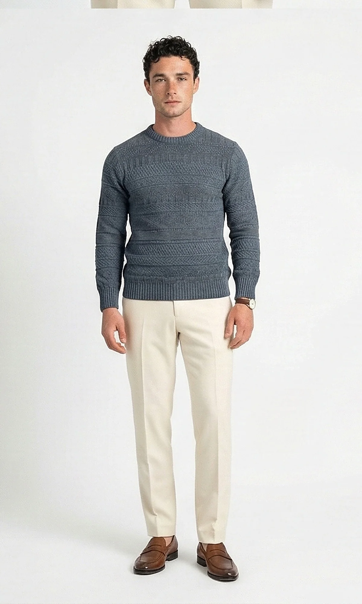 Textured Multi-Stitch Crew Neck Pullover in Teal Grey - O203068 - Image 3