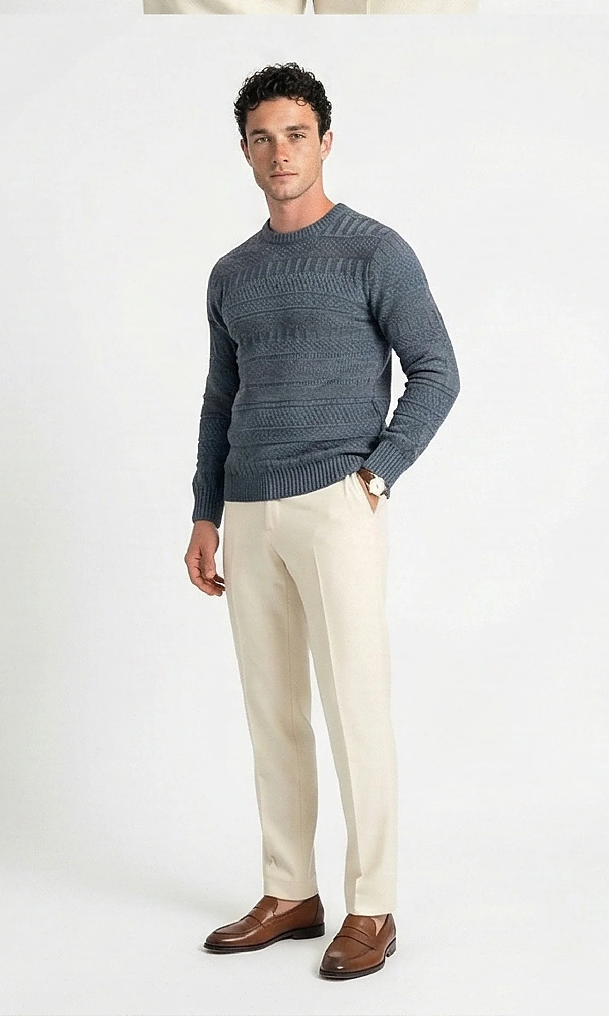Textured Multi-Stitch Crew Neck Pullover in Teal Grey - O203068 - Image 4