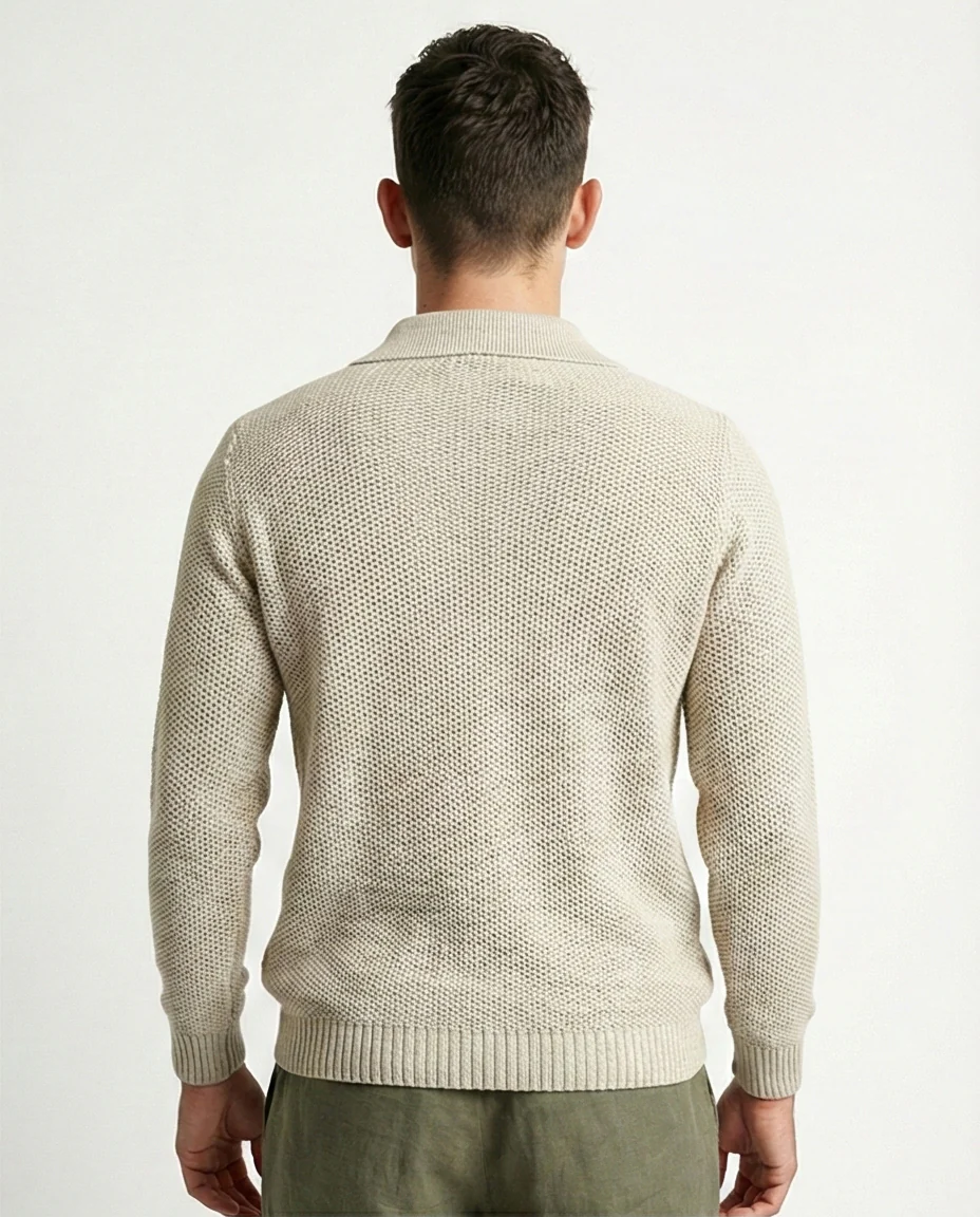 Oatmeal Textured Knit Long Sleeve Polo Sweater - O201232 - Image 2