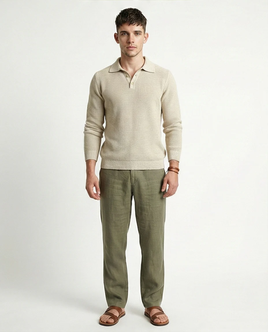 Oatmeal Textured Knit Long Sleeve Polo Sweater - O201232 - Image 3