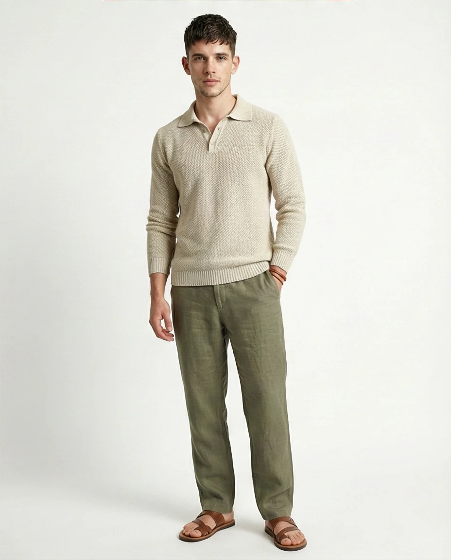 Oatmeal Textured Knit Long Sleeve Polo Sweater - O201232 - Image 4