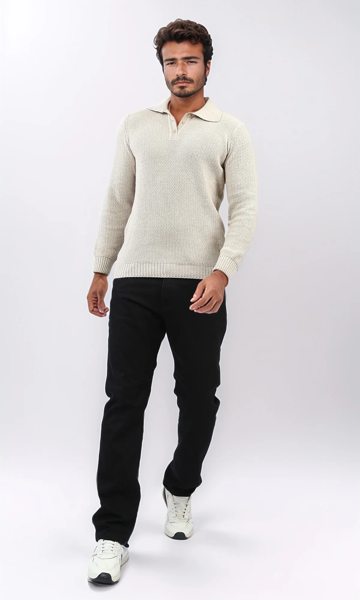 Oatmeal Textured Knit Long Sleeve Polo Sweater - O201232 - Image 5