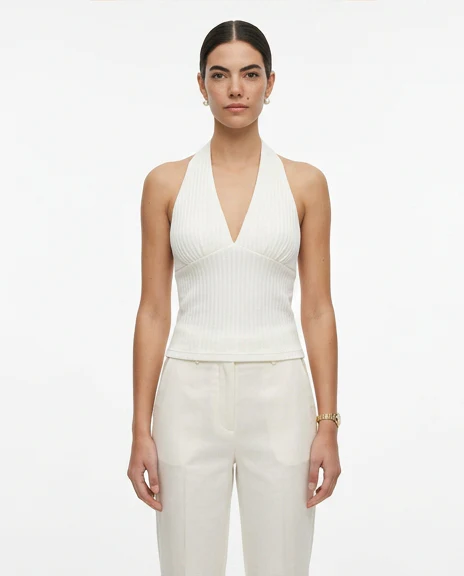 Off-White Ribbed Halter Neck Open Back Top - R217147 - Image 3