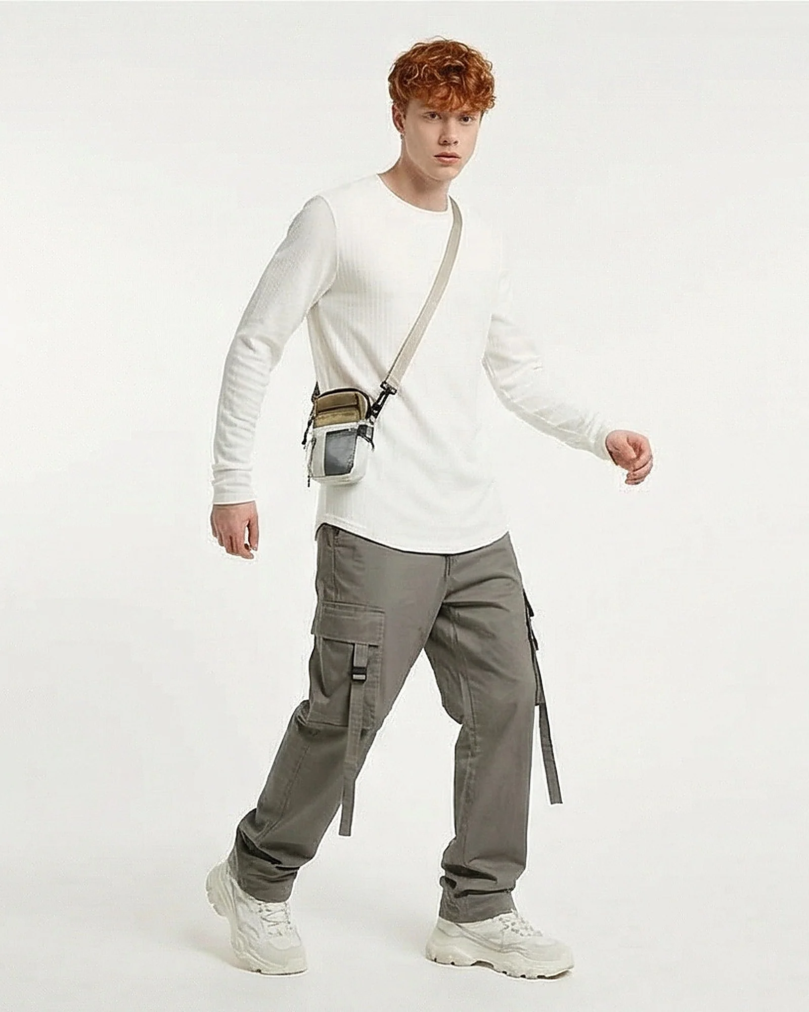 Off-White Textured Crew Neck Long Sleeve T-Shirt - Image 3