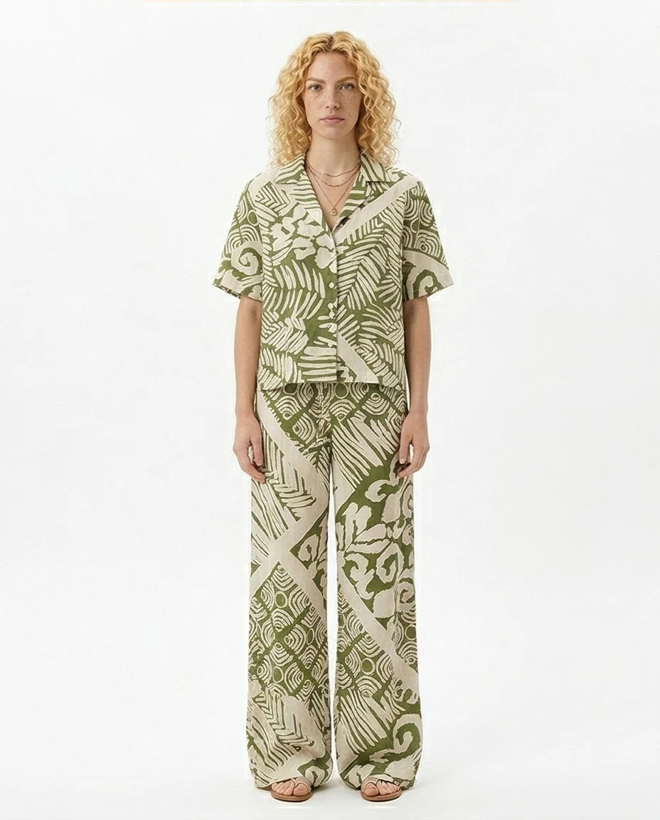Olive Abstract Print Relaxed Camp Collar Shirt - R217028 - Image 3