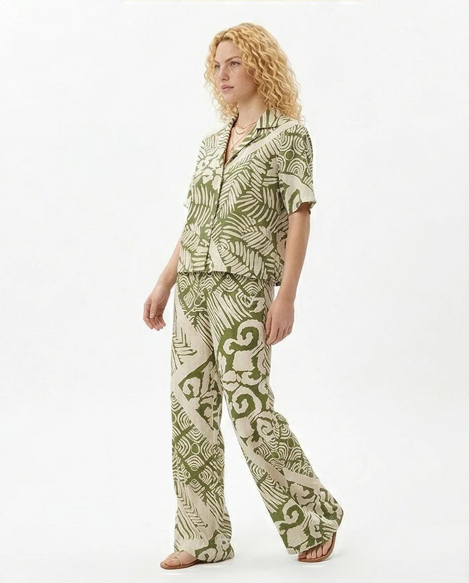 Olive Abstract Print Relaxed Camp Collar Shirt - R217028 - Image 4