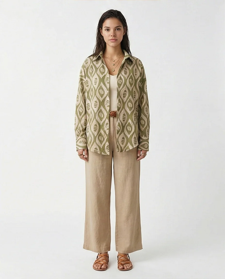 Olive Geometric Abstract Print Oversized Shirt - R217469 - Image 3