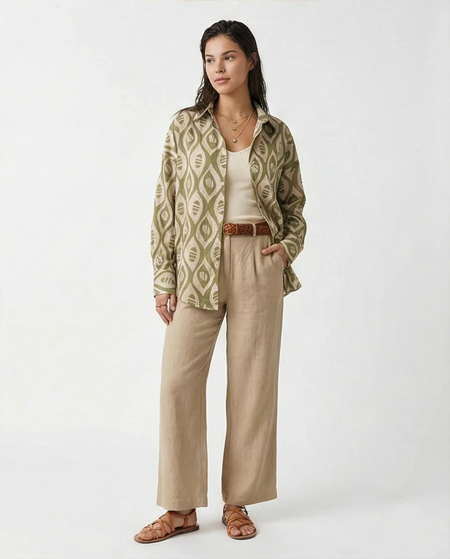 Olive Geometric Abstract Print Oversized Shirt - R217469 - Image 4