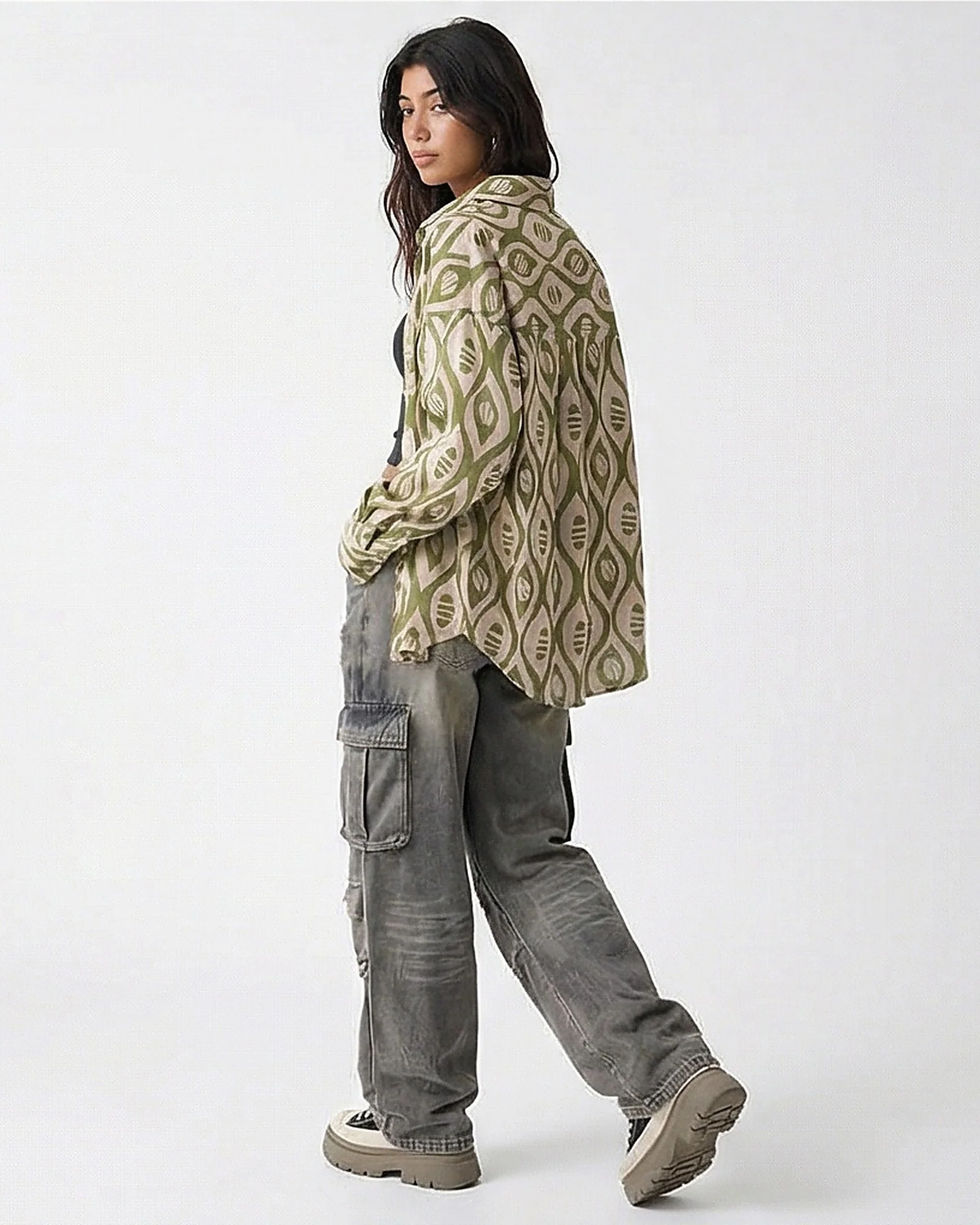 Olive Geometric Abstract Print Oversized Shirt - R217469 - Image 6