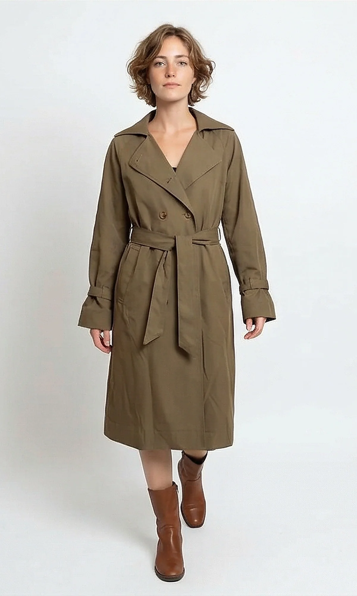 Olive Green Double-Breasted Trench Coat with Belt - Image 4