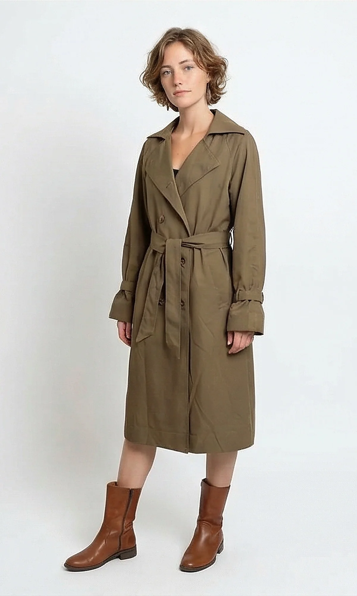 Olive Green Double-Breasted Trench Coat with Belt - Image 5