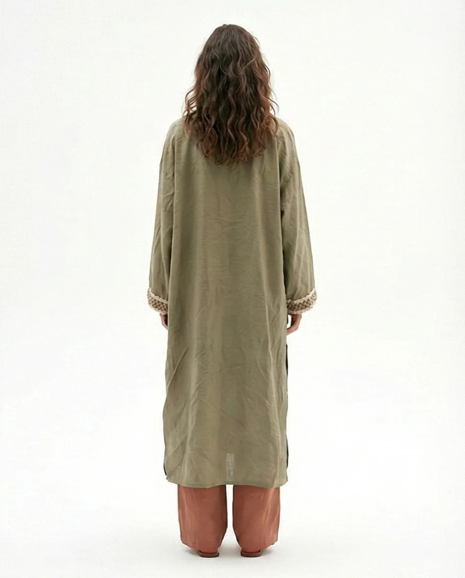 Olive Green Open-Front Embroidered Long Cardigan - Image 2