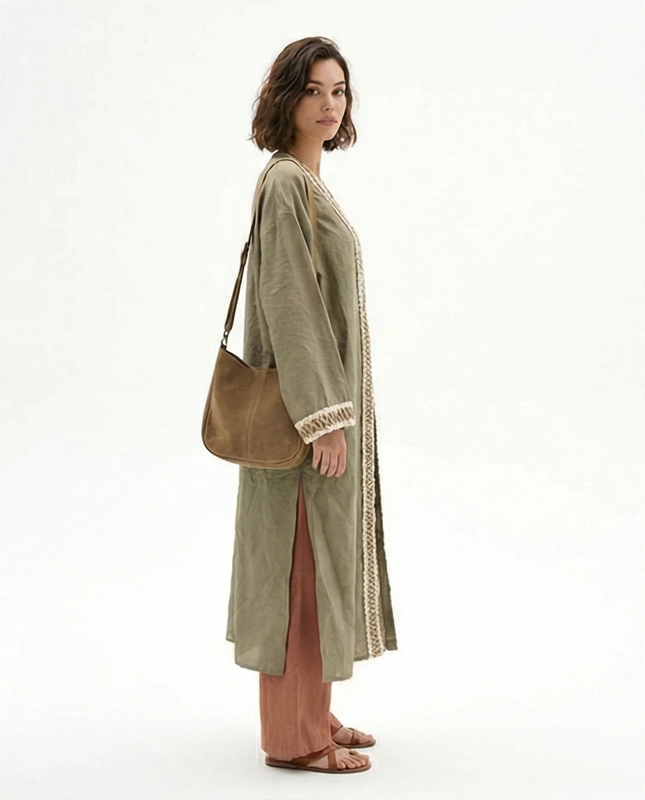 Olive Green Open-Front Embroidered Long Cardigan - Image 3
