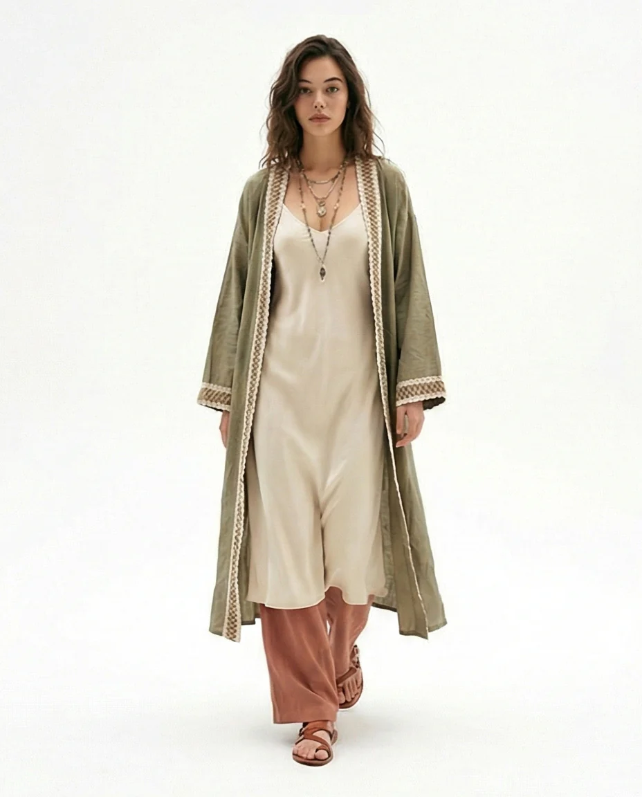 Olive Green Open-Front Embroidered Long Cardigan - Image 4