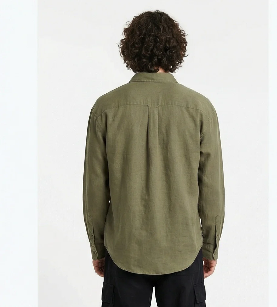 Olive Green Relaxed Fit Linen-Look Long Sleeve Shirt - R217574 - Image 2