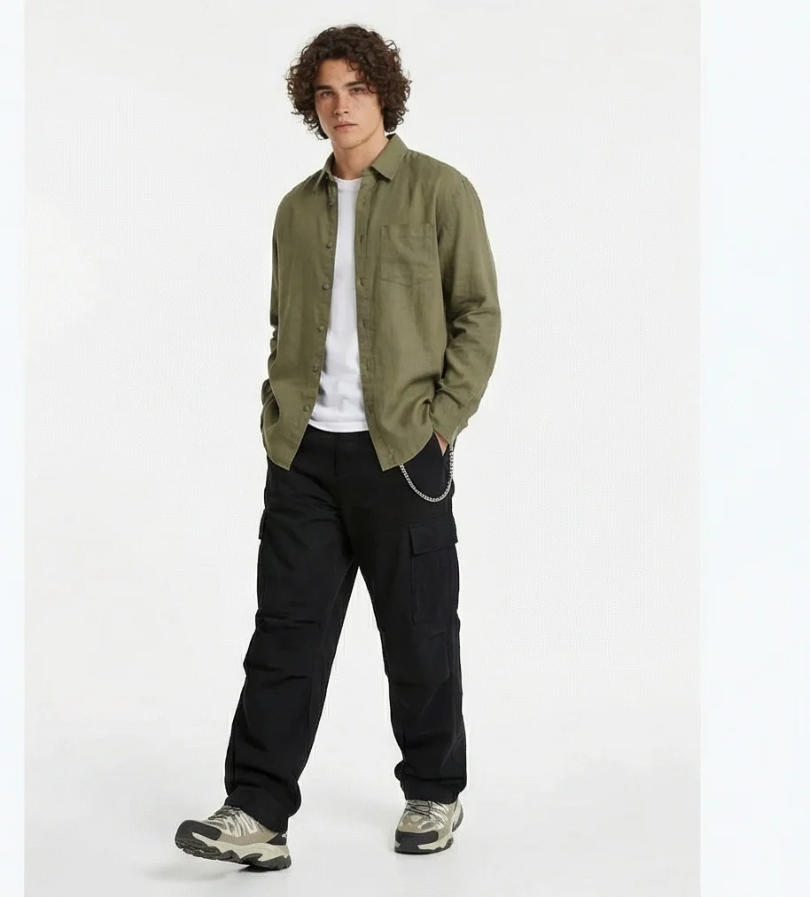 Olive Green Relaxed Fit Linen-Look Long Sleeve Shirt - R217574 - Image 3