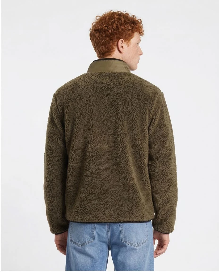 Olive Green Sherpa Fleece Jacket with Contrast Pocket - O199953 - Image 2
