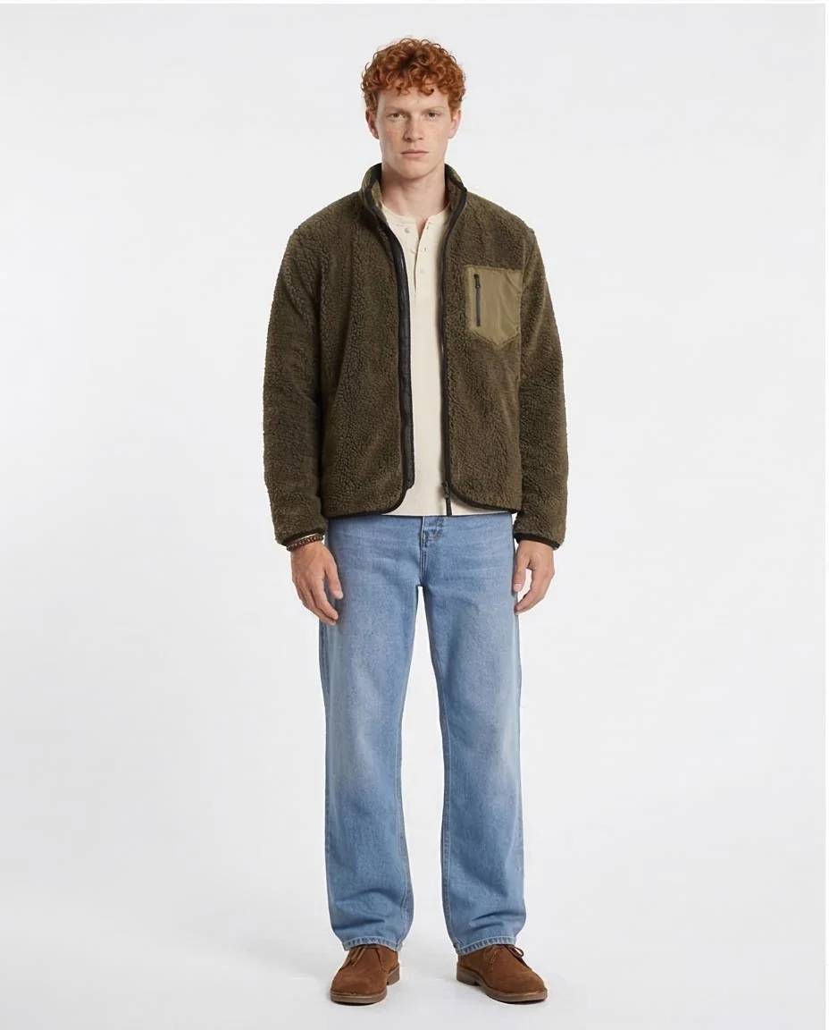 Olive Green Sherpa Fleece Jacket with Contrast Pocket - O199953 - Image 3
