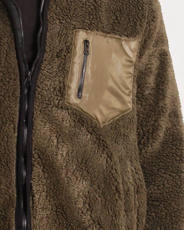 Olive Green Sherpa Fleece Jacket with Contrast Pocket - O199953 - Image 4