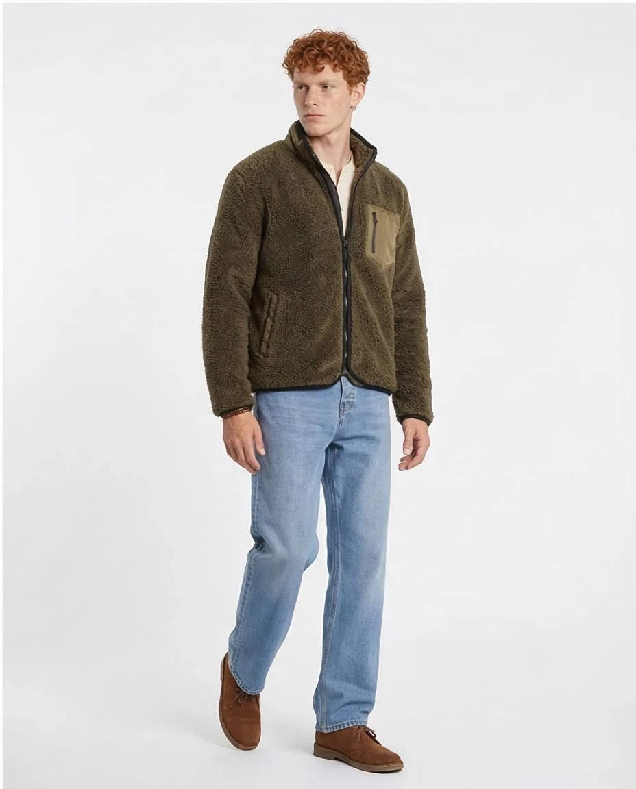 Olive Green Sherpa Fleece Jacket with Contrast Pocket - O199953 - Image 5
