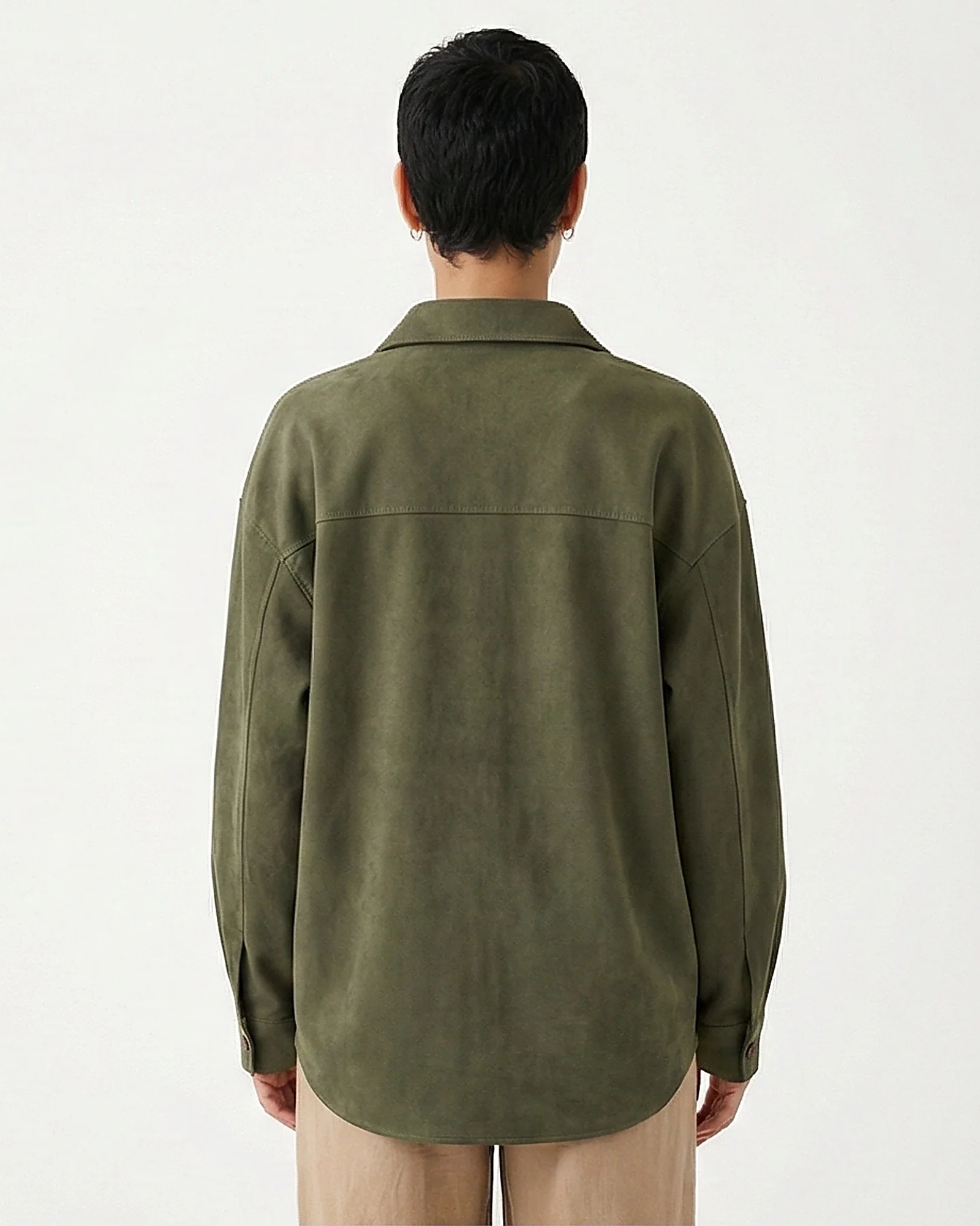 Olive Green Suede-Effect Long Sleeve Button-Down Shirt - Image 2