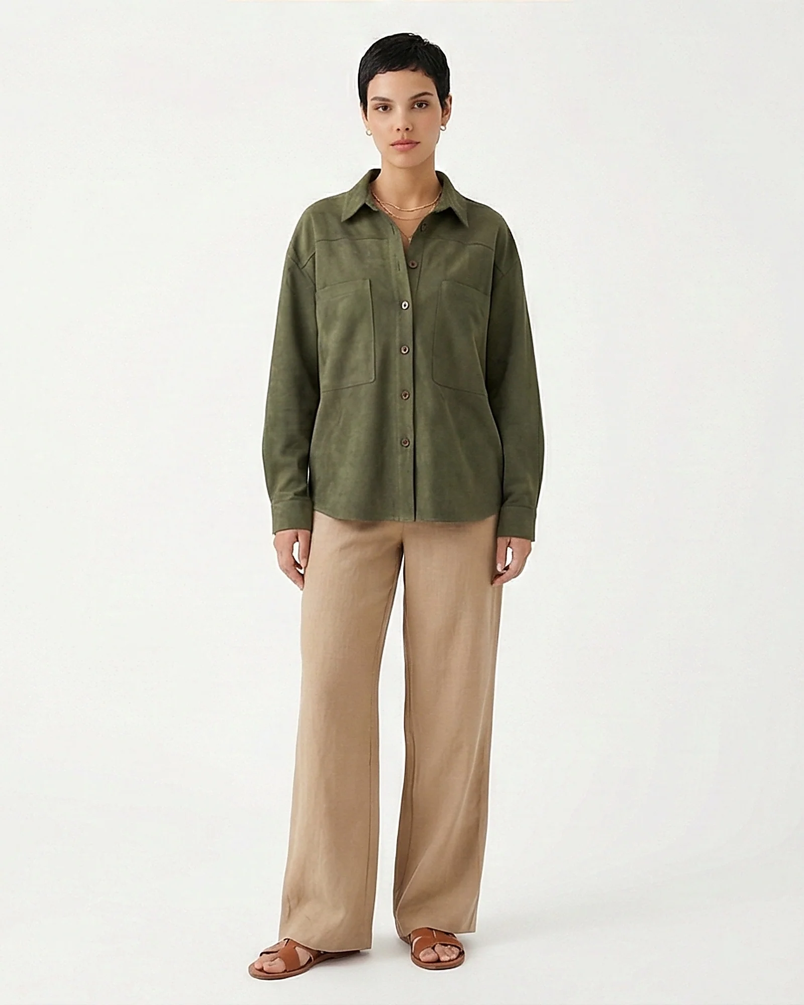 Olive Green Suede-Effect Long Sleeve Button-Down Shirt - Image 3