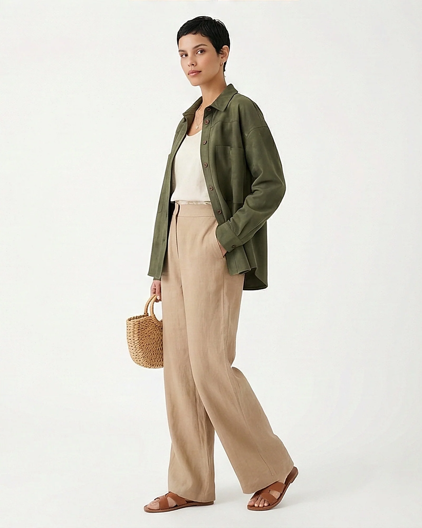 Olive Green Suede-Effect Long Sleeve Button-Down Shirt - Image 4