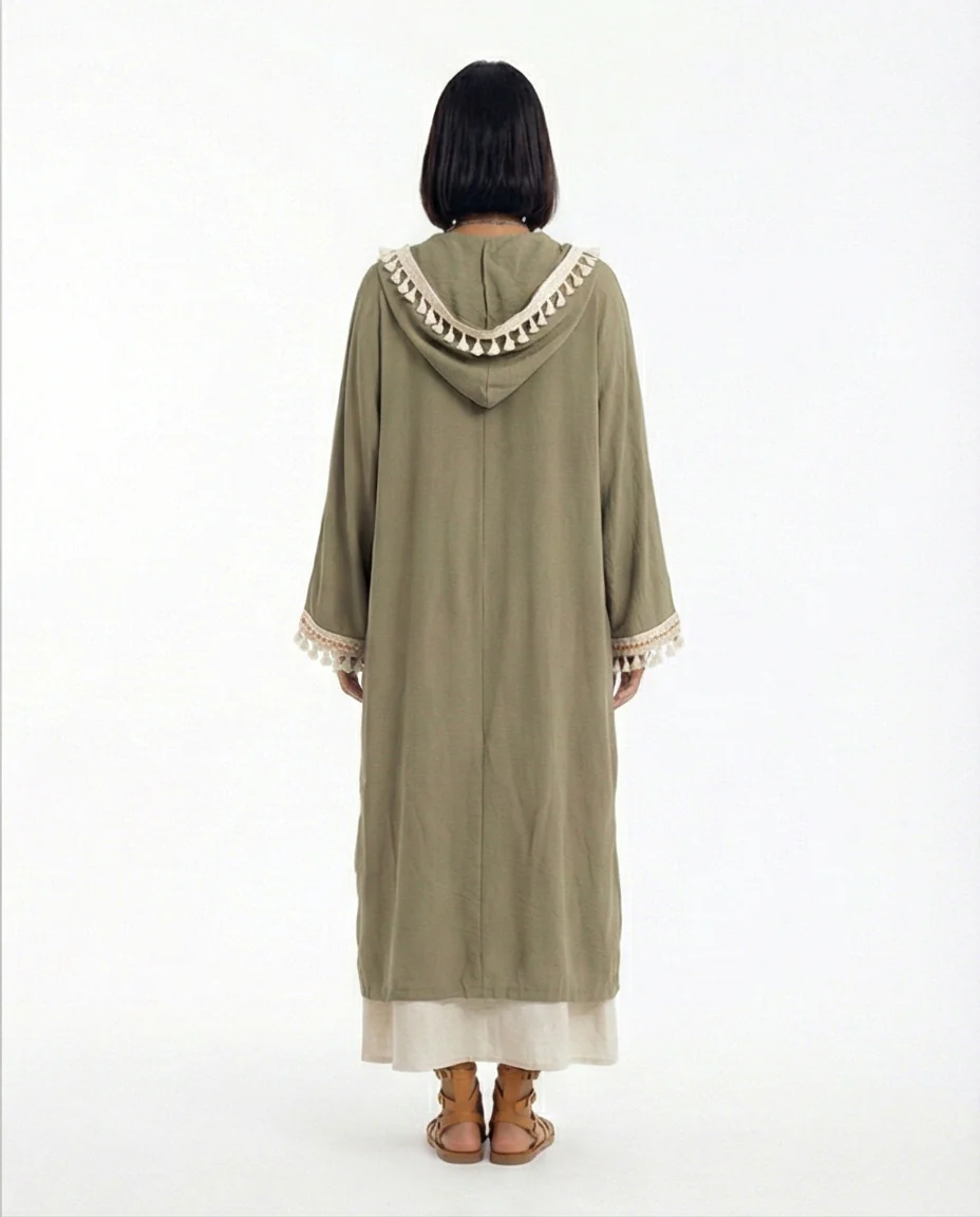 Olive Green Tassel-Trimmed Longline Hooded Cardigan - R217238 - Image 2