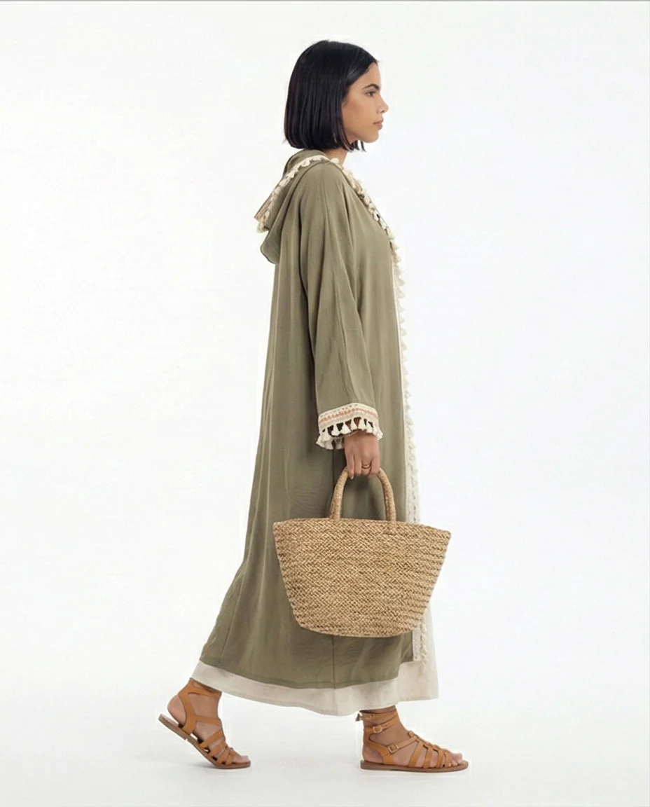Olive Green Tassel-Trimmed Longline Hooded Cardigan - R217238 - Image 3