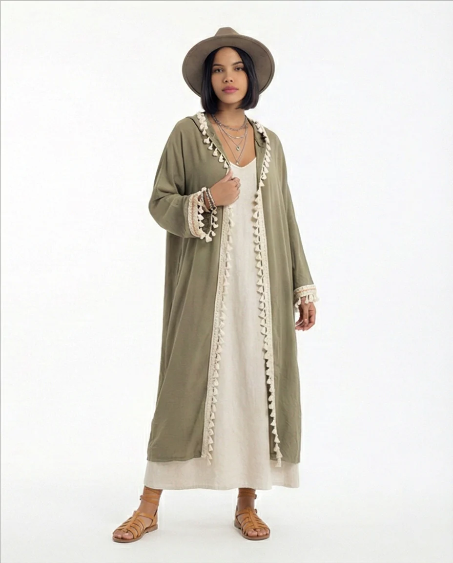 Olive Green Tassel-Trimmed Longline Hooded Cardigan - R217238 - Image 4