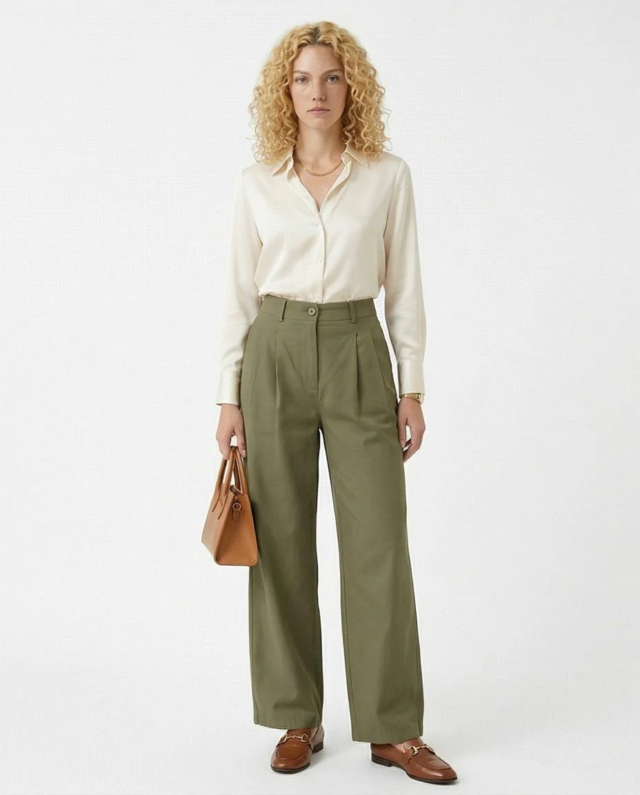 Olive High-Waisted Tailored Wide-Leg Trousers - Image 3