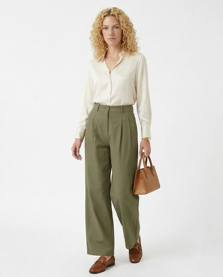 Olive High-Waisted Tailored Wide-Leg Trousers - Image 4