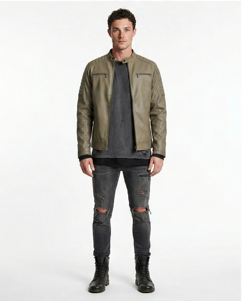 Olive Green Quilted Shoulder Faux Leather Biker Jacket - Image 3
