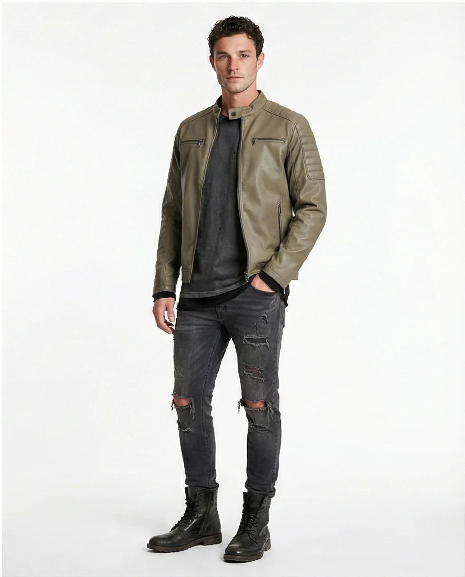 Olive Green Quilted Shoulder Faux Leather Biker Jacket - Image 4