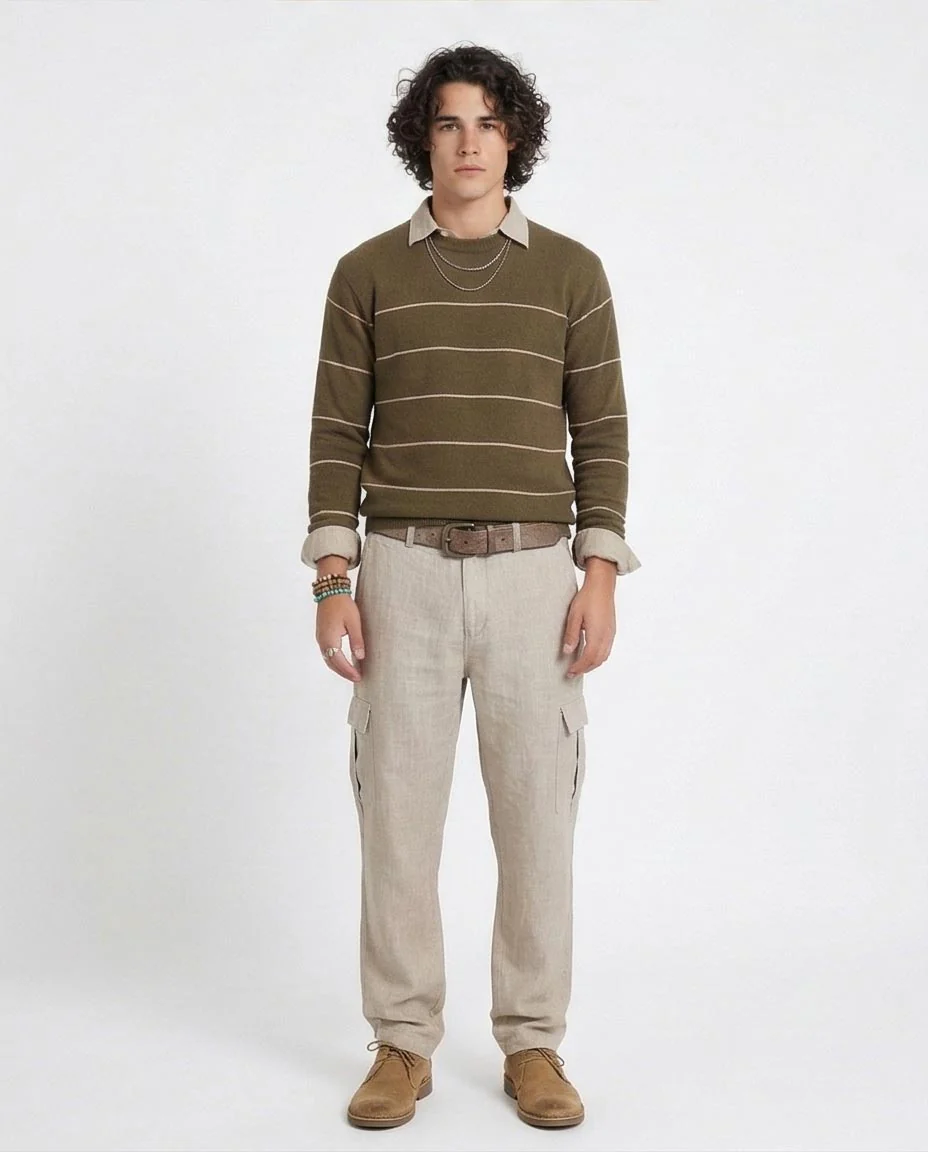 Olive Striped Knit Crewneck Pullover - O202261 - Image 4